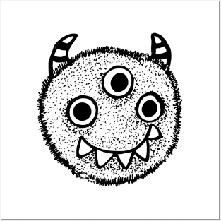 Cute fluffy monster black and white Posters and Art